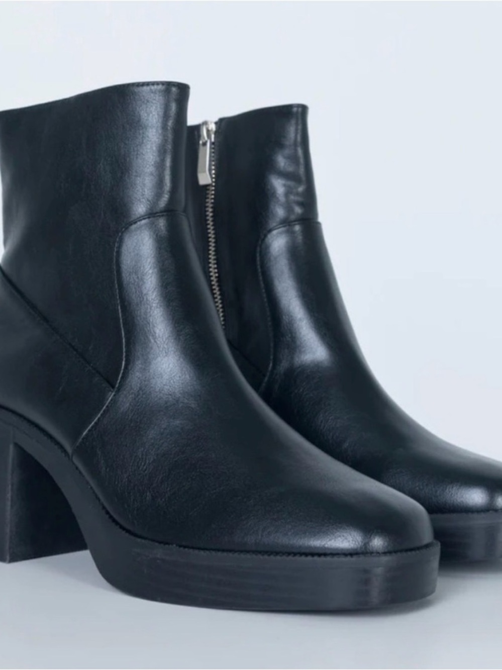 Princess Polly - Black Leather Ankle Booties with Side Zip and Block Heel